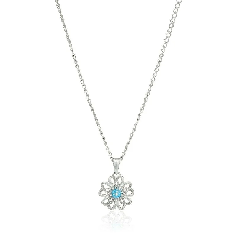 women’s double layer necklace-Sterling Silver Swiss Blue Topaz Black Flower Pendant Necklace, 18"