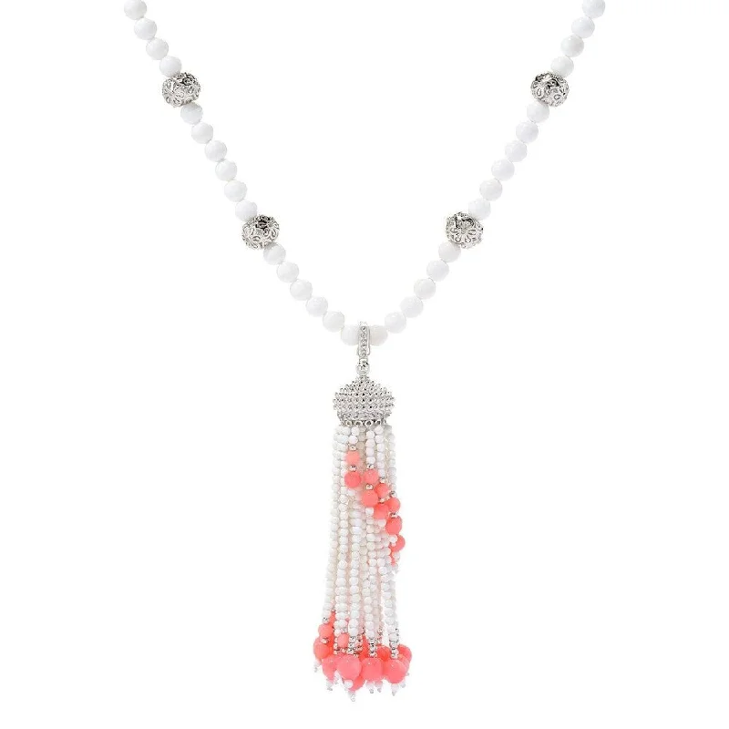 heart-shaped crystal necklace-Sterling Silver White Agate & pink Coral Gemstone Tassel Enhancer Pendant w/ 30" Bead Necklace