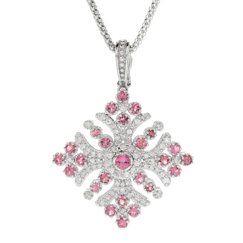 double pendant charm necklace-Sterling Silver White Zircon & Pink Tourmaline Cross Enhancer Pendant w/ 18" Popcorn Chain