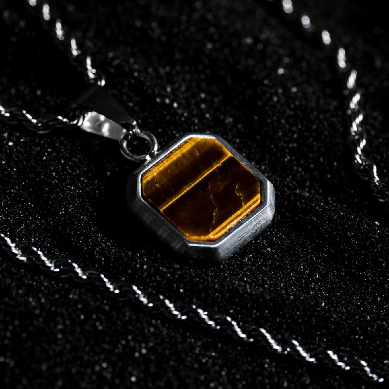 men’s engraved name necklace-Tigers Eye Pendant - Silver