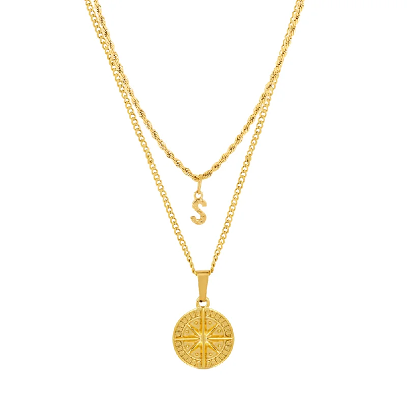 men’s vintage pendant necklace-Vintage Initial & Mini Compass Set - (Gold)