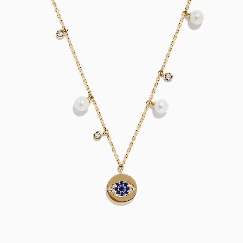 chic crystal pendant necklace-14K Gold Fresh Water Pearl, Sapphire and Diamond Evil Eye Necklace