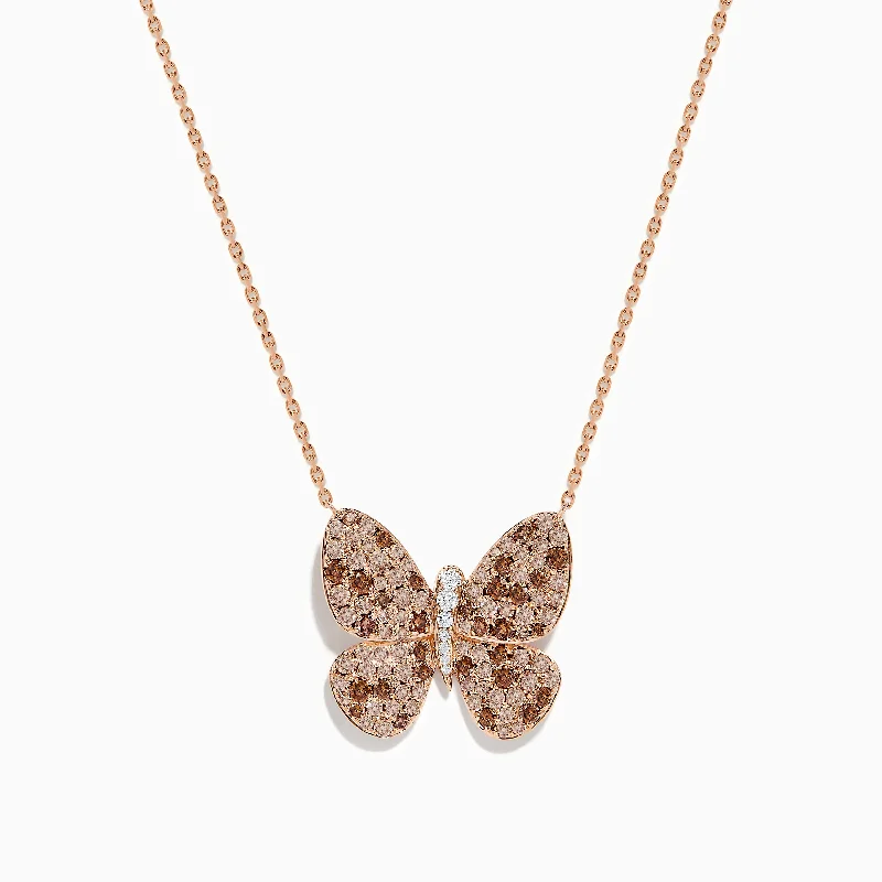 vintage diamond necklace-14K Rose Gold Brown and White Diamond Butterfly Necklace