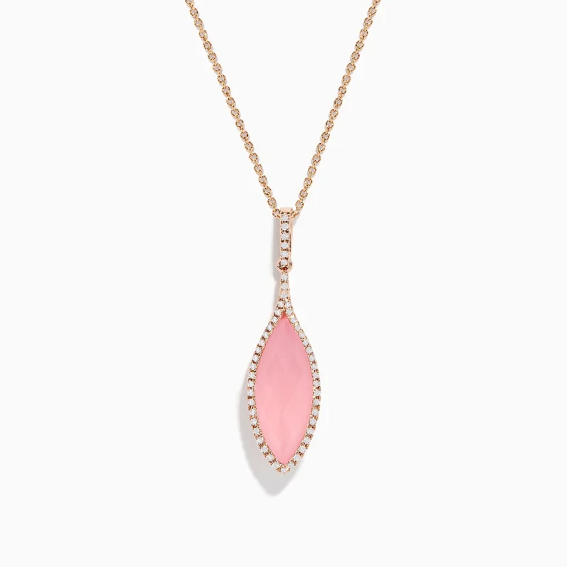 silver pendant necklace with initials-14K Rose Gold Diamond and Rose Quartz Pendant