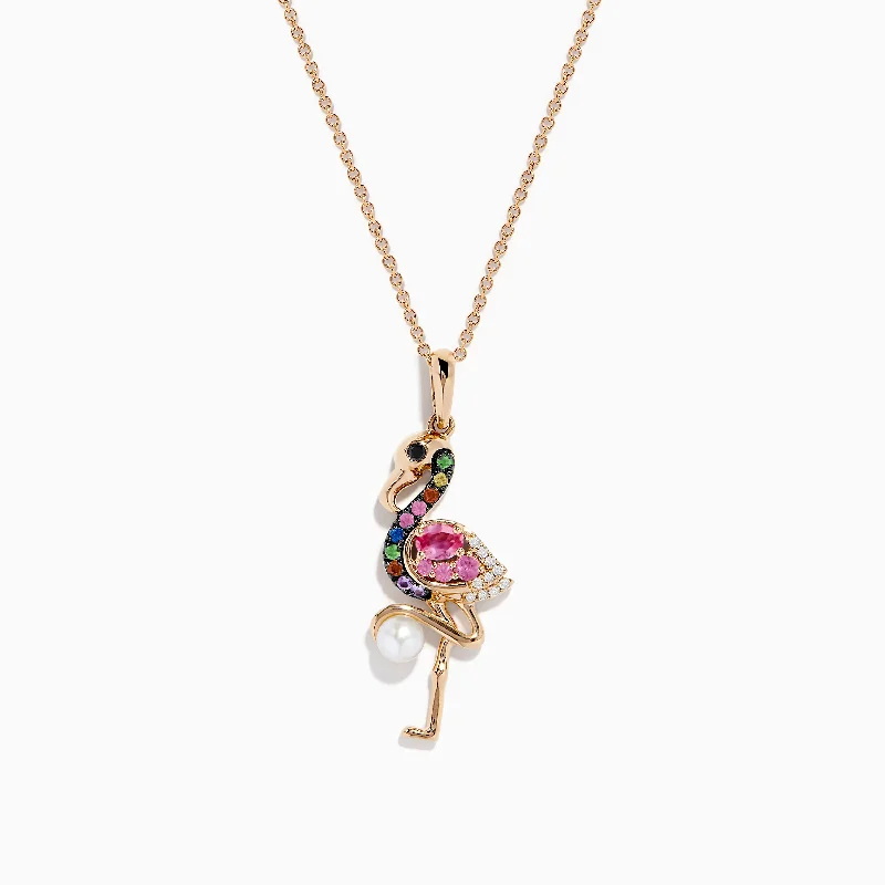 silver crystal necklace for women-14K Rose Gold Multi Color Sapphire, Pearl and Diamond Flamingo Pendant