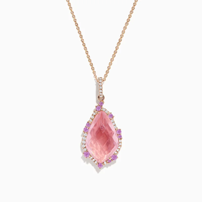 simple silver pendant necklace-14K Rose Gold Rose Quartz, Pink Sapphire and Diamond Pendant