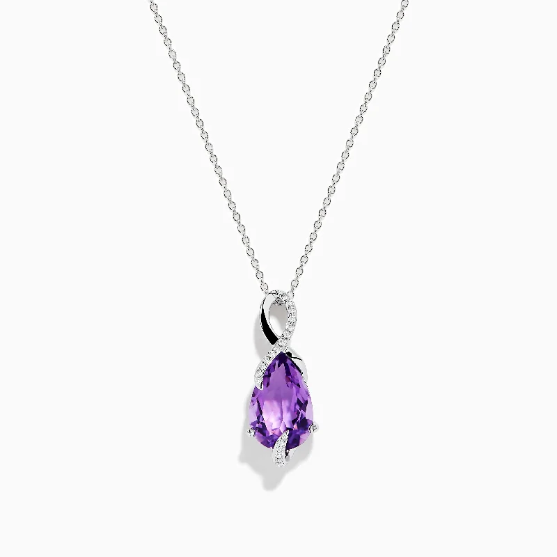 trendy long gold necklace-14K White Gold Amethyst and Diamond Pendant