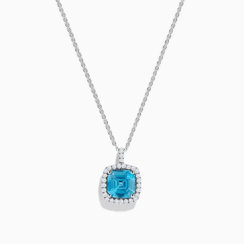 personal engraved gemstone necklace-14K White Gold Blue Zircon and Diamond Pendant