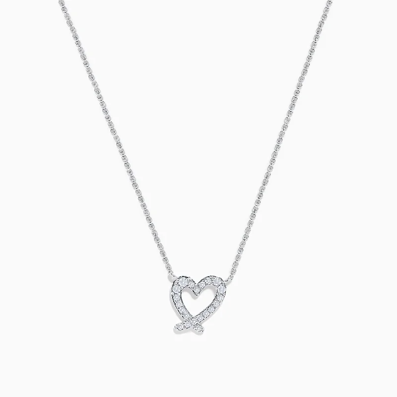 geometric gold necklace-14K White Gold Diamond Open Heart Necklace