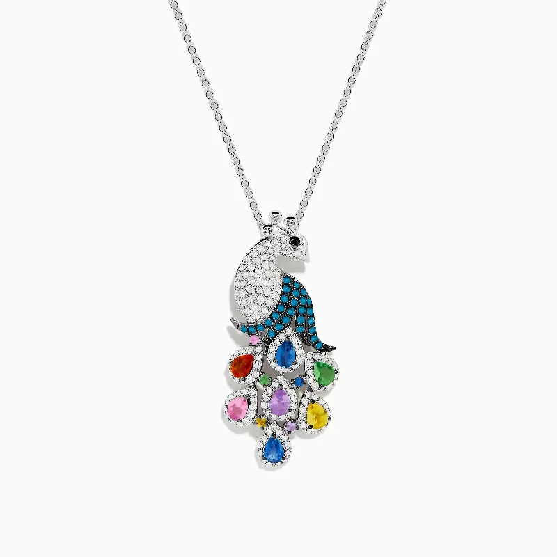 custom birthstone necklace-14K White Gold Multi Color Diamond and Sapphire Peacock Pendant