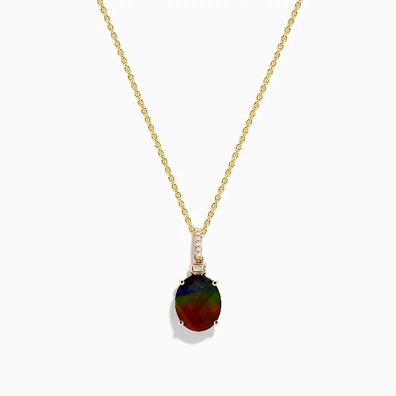 turquoise stone necklace-14K Yellow Gold Ammolite and Diamond Pendant