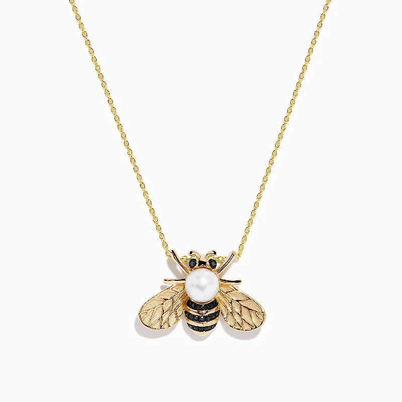 men’s diamond necklace-14K Yellow Gold Black Diamond, Freshwater Pearl Bee Pendant