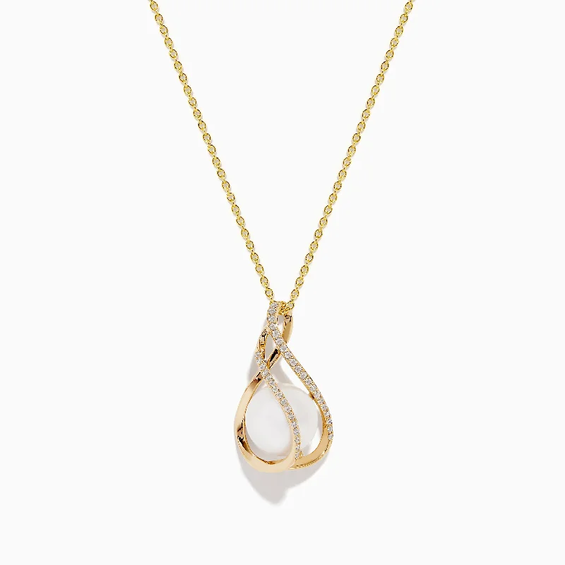 dainty layered gold necklace-14K Yellow Gold Fresh Water Pearl and Diamond Pendant