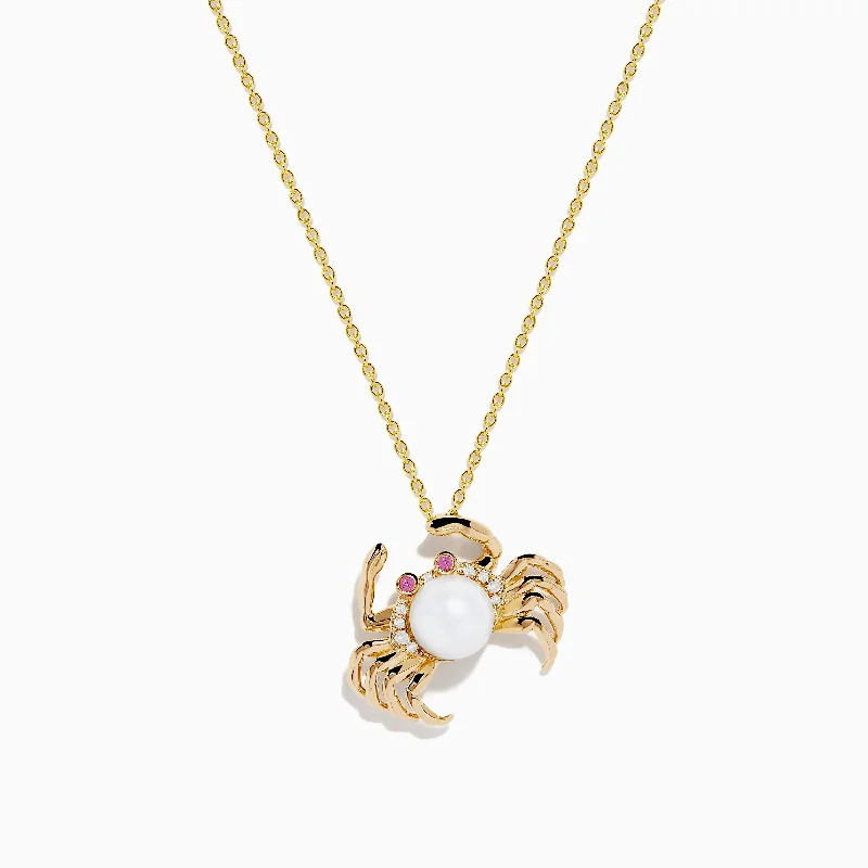 adjustable pendant necklace-14K Yellow Gold Freshwater Pearl, Pink Sapphire and Diamond Crab Pendant