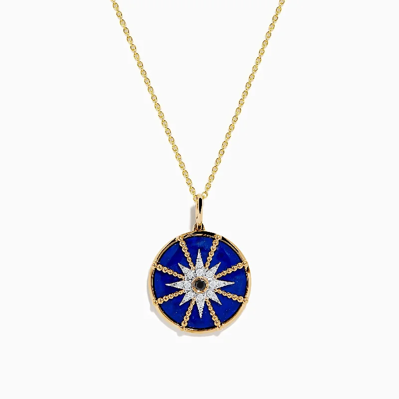 romantic necklace for women-14K Yellow Gold Lapis, White and Black Diamond Compass Pendant