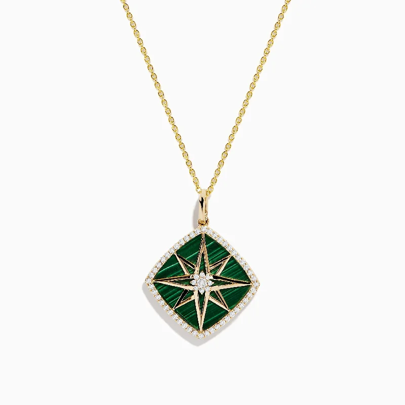 bohemian necklace-14K Yellow Gold Malachite and Diamond Compass Pendant