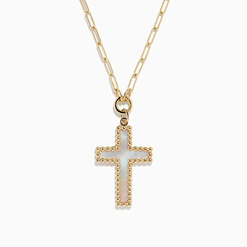 rose gold initial necklace-14K Yellow Gold Mother of Pearl Cross Pendant