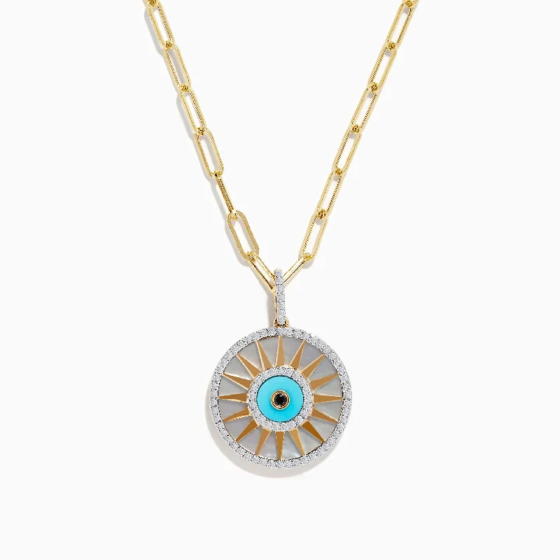 layered chain necklace-14K Yellow Gold Mother Of Pearl, Turquoise and Diamond Evil Eye Pendant