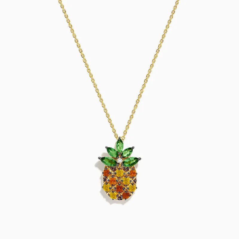 trendy long gold necklace-14K Yellow Gold Multi Sapphire Tsavorite and Diamond Pinapple Pendant