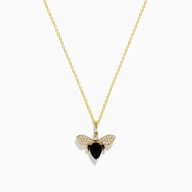 lucky gemstone necklace-14K Yellow Gold Onyx and Diamond Bee Pendant