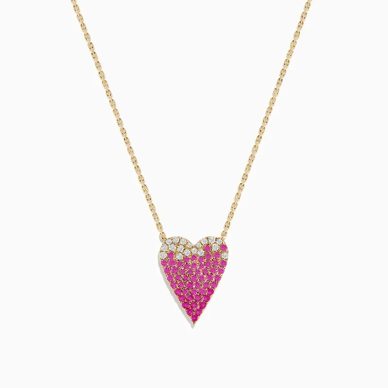 silver leaf charm necklace-14K Yellow Gold Pink Sapphire and Diamond Heart Necklace