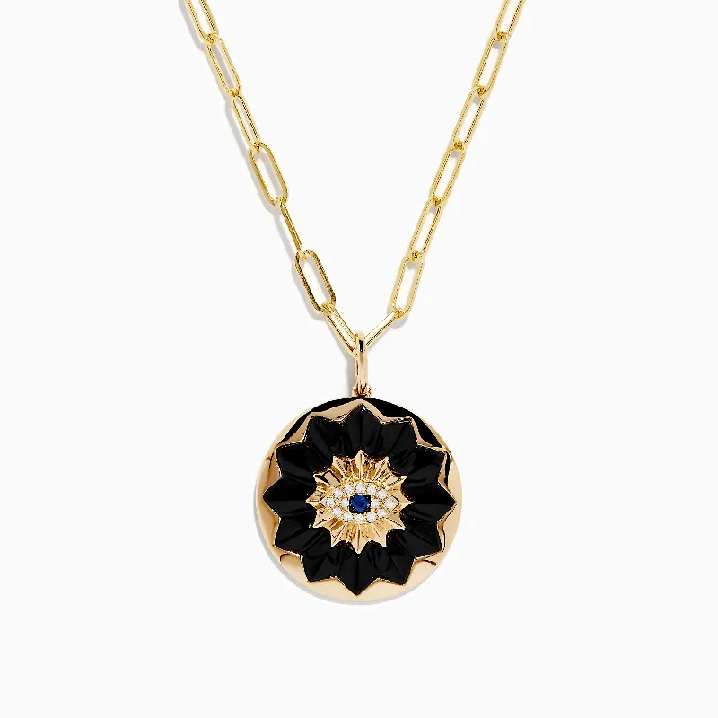 gold circle necklace-14K Yellow Gold Sapphire, Onyx and Diamond Evil Eye Pendant