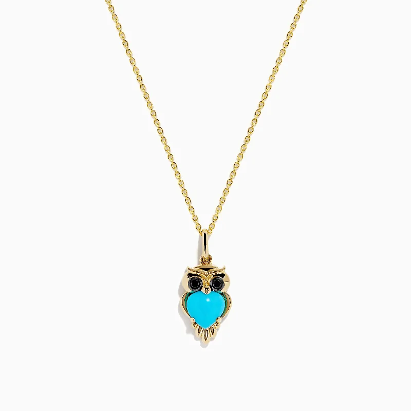 personalized family name necklace-14K Yellow Gold Turquoise and Black Diamond Owl Pendant