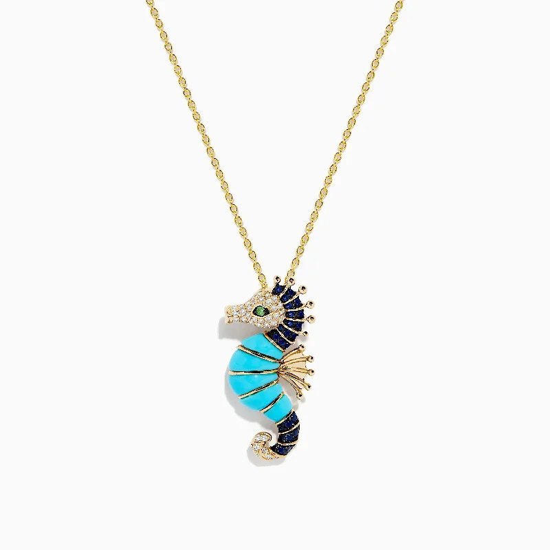 moon charm necklace-14K Yellow Gold Turquoise, Sapphire, Tsavorite and Diamond Seahorse Pendant