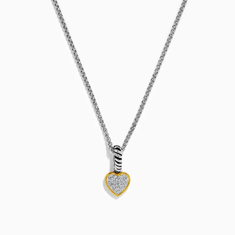 long chain heart necklace-925 Sterling Silver  and 18K Yellow Gold Diamond Heart Pendant