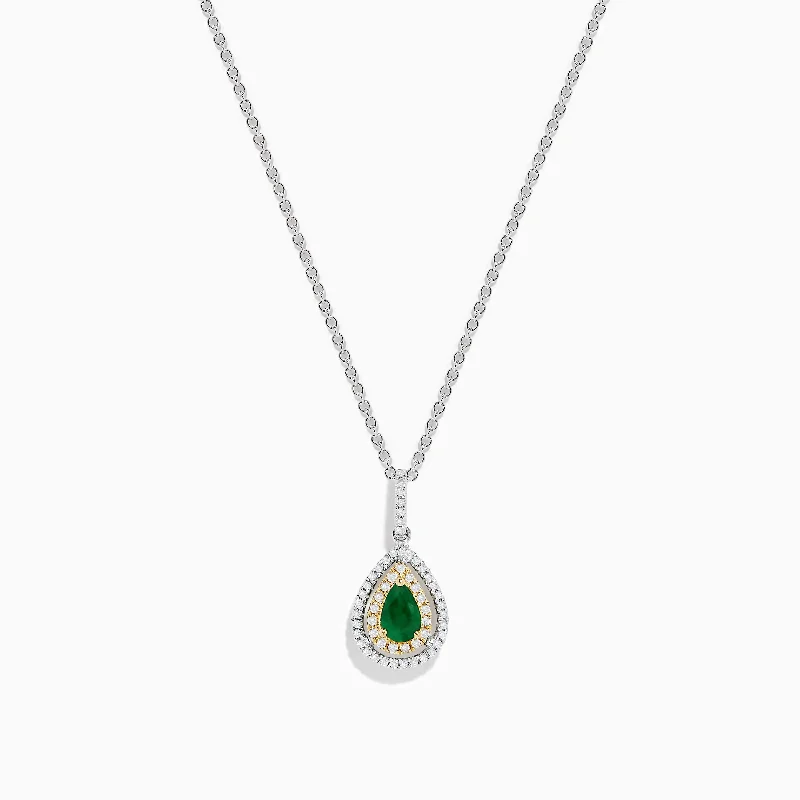 engraved pendant necklace for women-Brasilica 14K White & Yellow Gold Emerald and Diamond Pendant