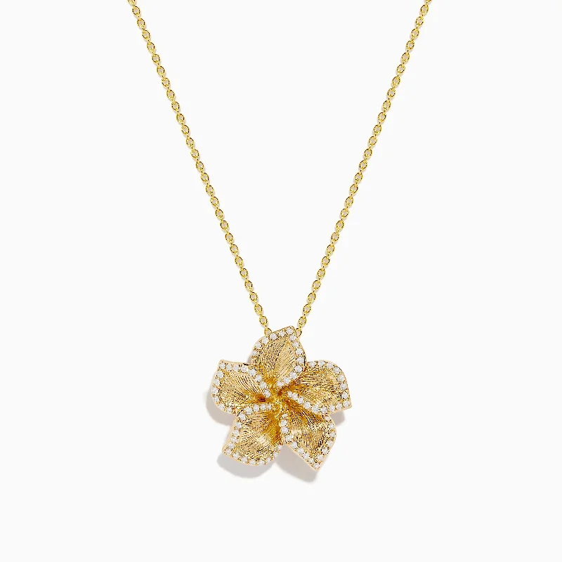 simple gold charm necklace-Nature 14K Yellow Gold Diamond Flower Pendant