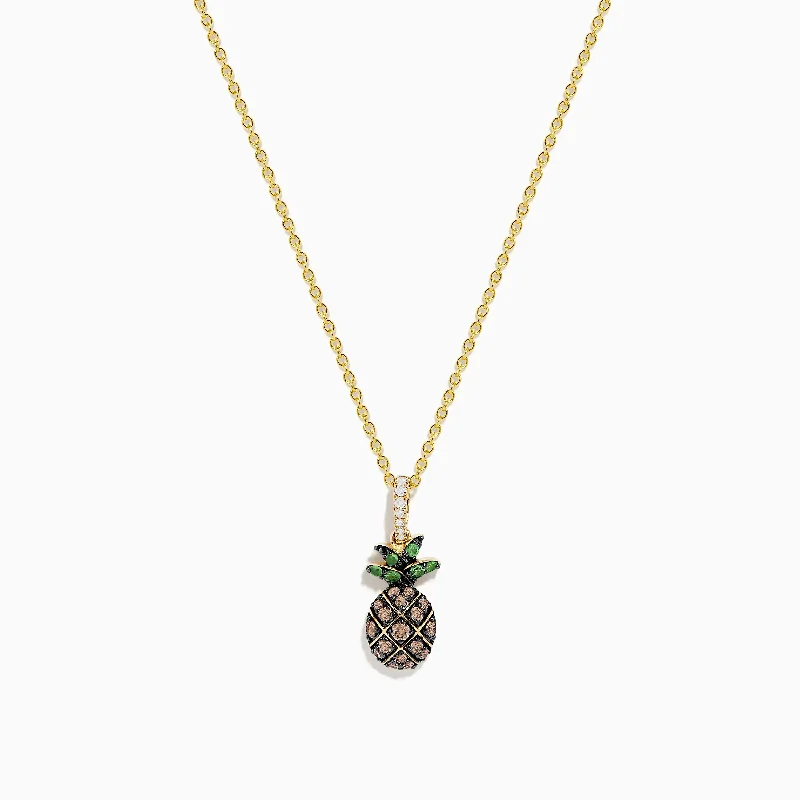 minimalistic bar necklace for women-Novelty 14K Yellow Gold Diamond and Tsvorite Pineapple Pendant