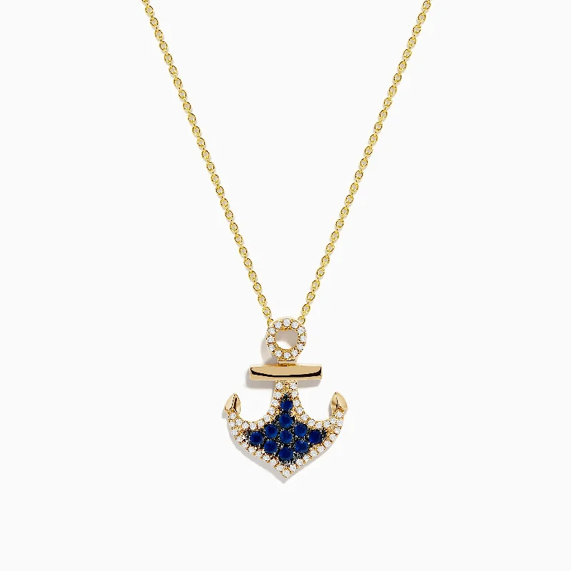 hand-stamped silver necklace-Seaside 14K Yellow Gold Blue Sapphire and Diamond Anchor Pendant