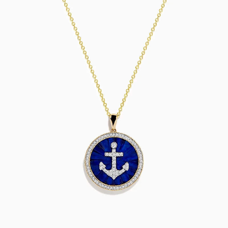 engraved name tag necklace-Seaside 14K Yellow Gold Lapis and Diamond Anchor Pendant