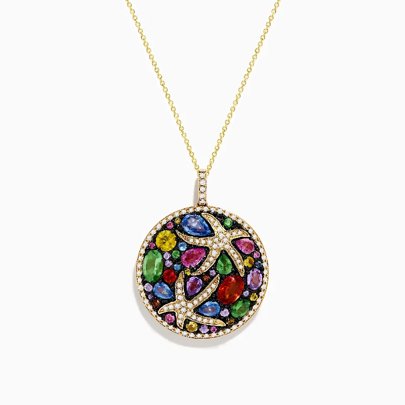 spiritual pendant necklace-Watercolors 14K Yellow Gold Multi Sapphire and Starfish Diamond Pendant