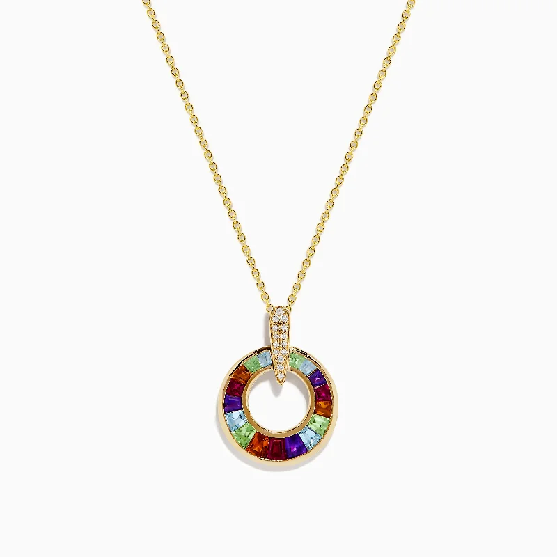 moon shaped necklace-Mosaic 14K Yellow Gold Multi Gemstone and Diamond Pendant