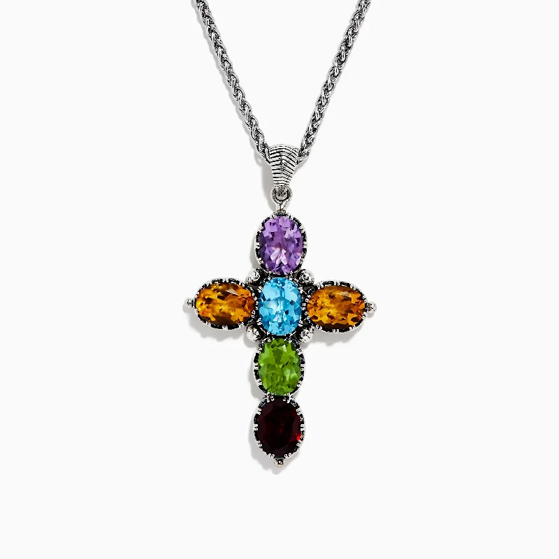 cute charm necklace for women-Mosaic 925 Sterling Silver Multi Gemstone Cross Pendant