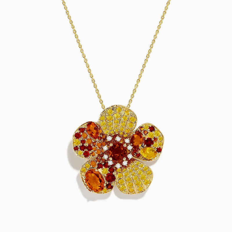 delicate heart charm necklace-Nature 14K Yellow Gold Citrine Yellow Sapphire and Diamond Flower Pendant