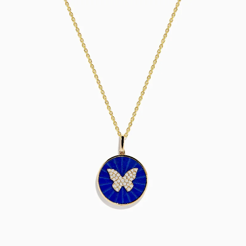 men’s gold pendant necklace-Nature 14K Yellow Gold Lapis and Diamond Butterfly Pendant