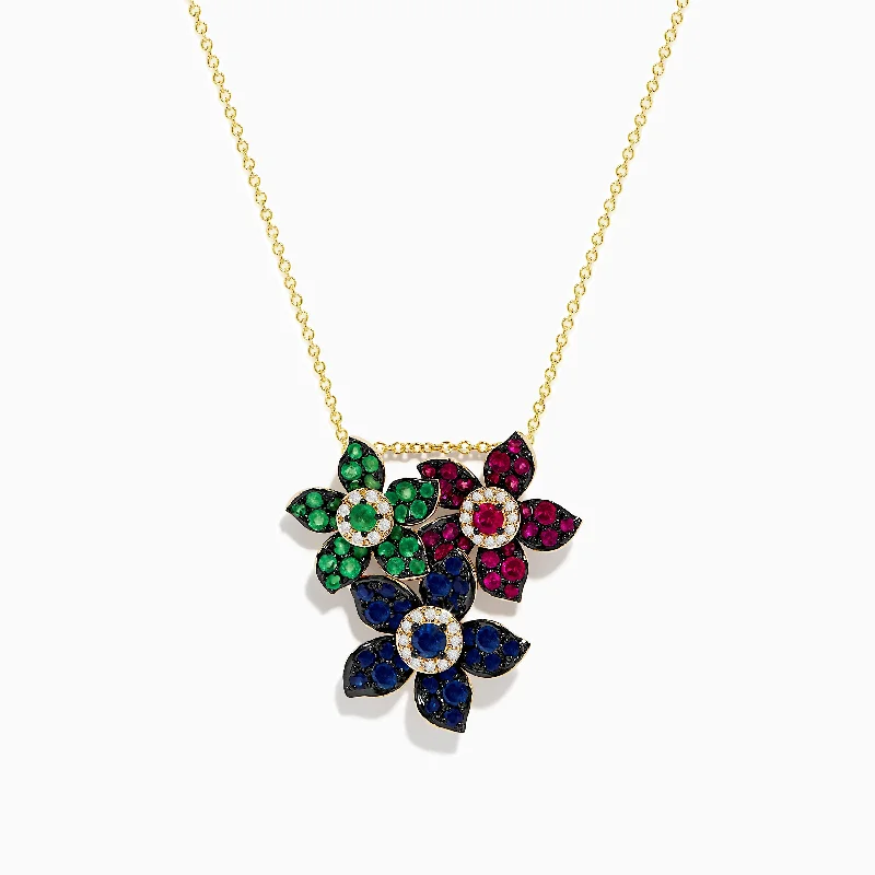 gold infinity choker necklace-Nature 14K Yellow Gold Ruby, Sapphire, Emerald and Diamond Flower Pendant