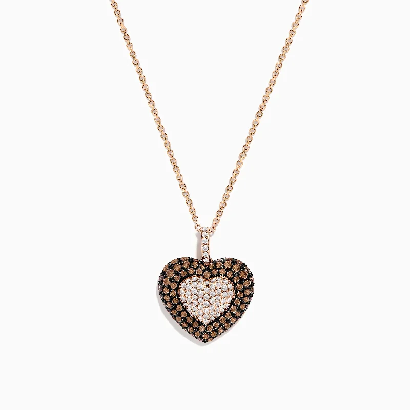 gold pendant necklace for women-Novelty 14K Rose Gold Espresso and Diamond Heart Pendant