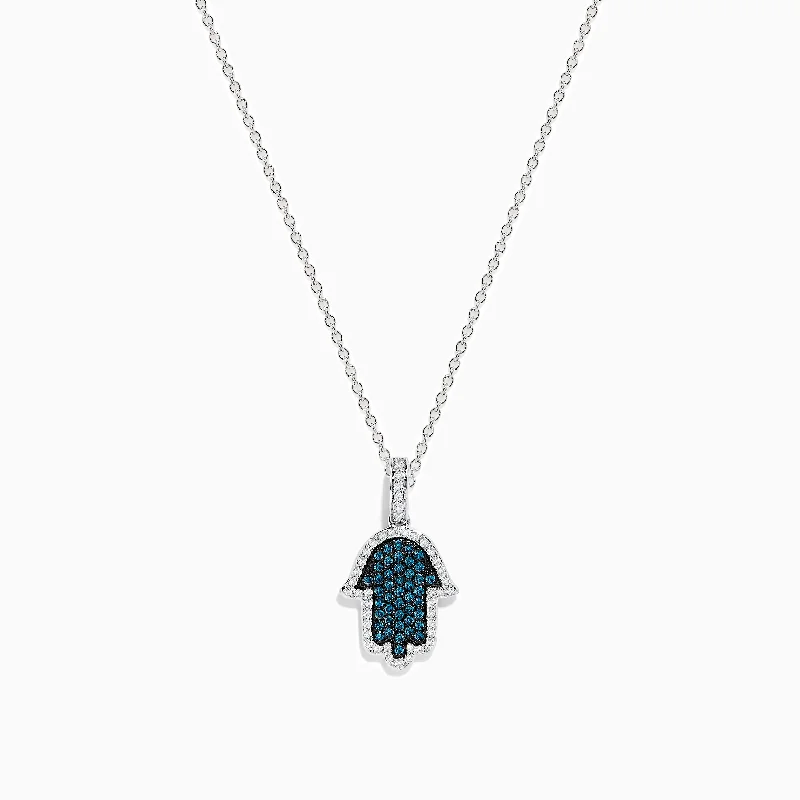 silver star pendant necklace-Novelty 14K White Gold Blue and White Diamond Hamsa Pendant