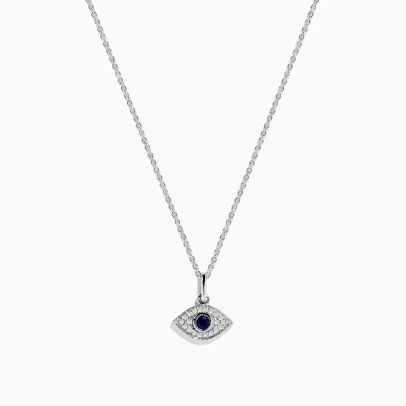 trendy heart pendant necklace-Novelty 14K White Gold Sapphire and Diamond Evil Eye Pendant