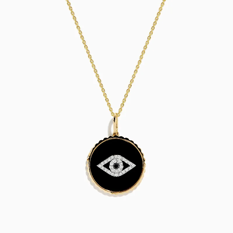 choker necklace with pendant-Novelty 14K Yellow Gold Black Agate and Diamond Evil Eye Pendant