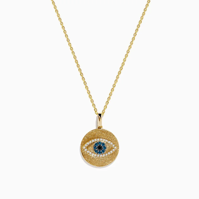 luxury gemstone necklace-Novelty 14K Yellow Gold Blue, White and Black Diamond Evil Eye Pendant