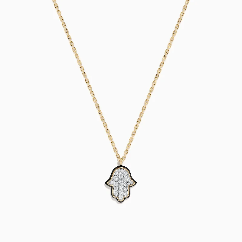 floral charm necklace-Novelty 14K Yellow Gold Diamond Hamsa Pendant