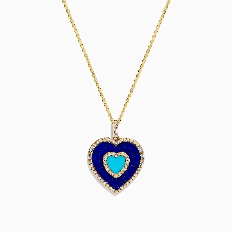 leather cord necklace-Novelty 14K Yellow Gold Lapis, Turquoise and Diamond Heart Pendant