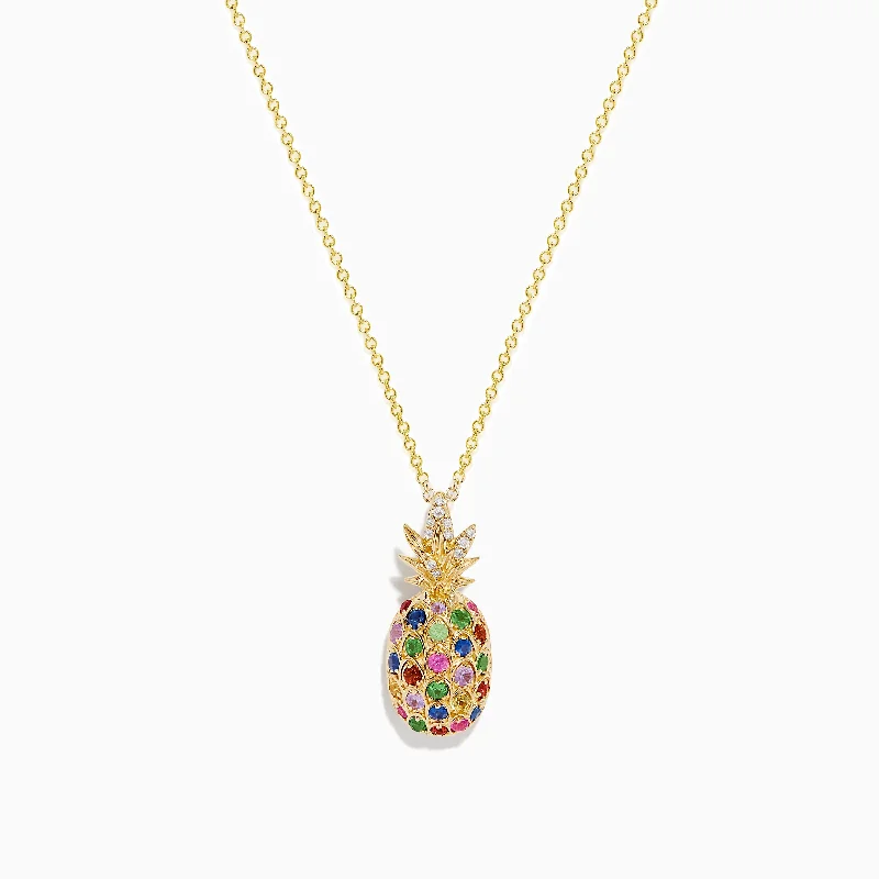 minimalistic bar pendant necklace-Novelty 14K Yellow Gold Multi Sapphire and Diamond Pineapple Pendant