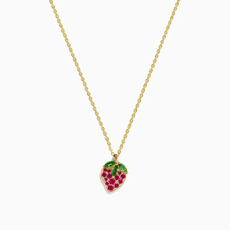 gemstone and silver necklace-Novelty 14K Yellow Gold Ruby and Tsavorite Strawberry Pendant