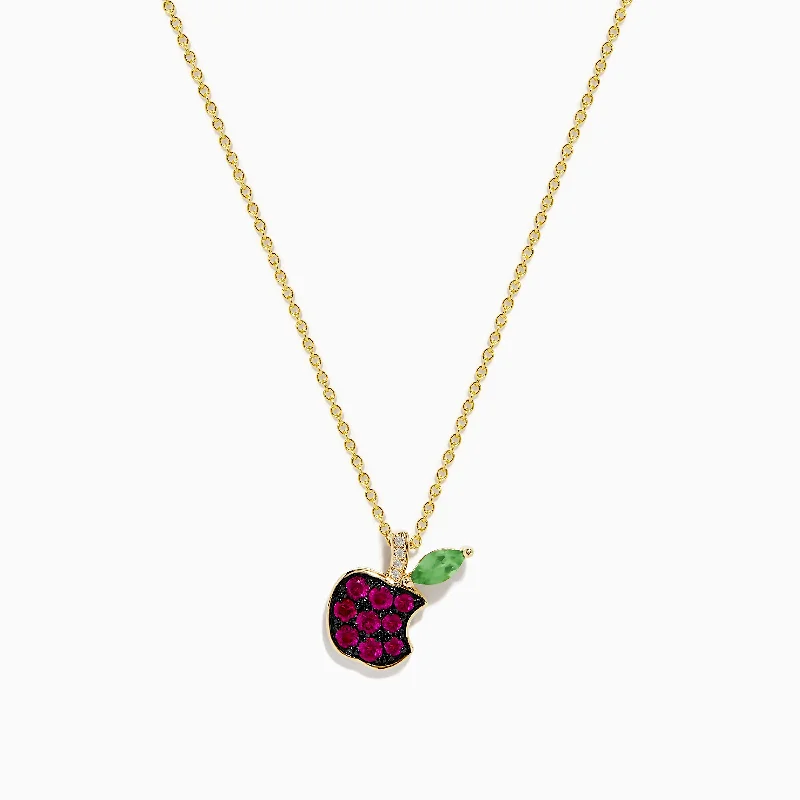 women’s sterling silver necklace-Novelty 14K Yellow Gold Ruby, Tsavorite and Diamond Apple Pendant